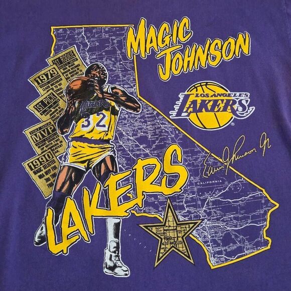 MAGIC JOHNSON LAKERS NUTMEG NBA SINGLE STICH MENS VINTAGE PURPLE T-SHIRT SIZE XL - Picture 3 of 7